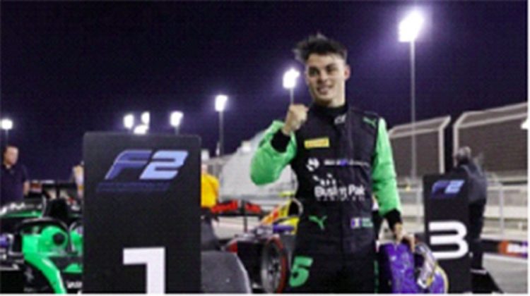 Barbadian race car driver Zane Maloney celebrates after winning his maiden F2 race on Friday in Bahrain. (F2 photo)