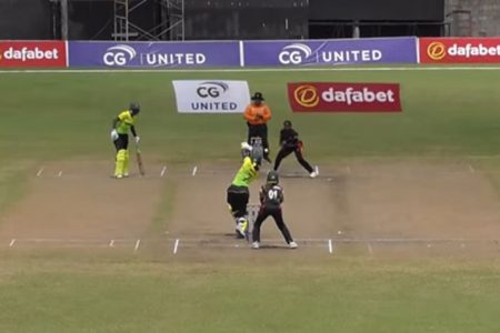 Jamaica’s Stafanie Taylor is in the process of being caught and bowled by Ashmini Munisar.