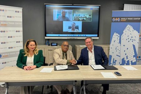 From left to right are Vice President of World Trade Center, Miami, Alicia Ancona;  WTC Georgetown Executive Director Wesley Kirton and WTC Miami President and Chief Executive Officer, Ivan Barrios.