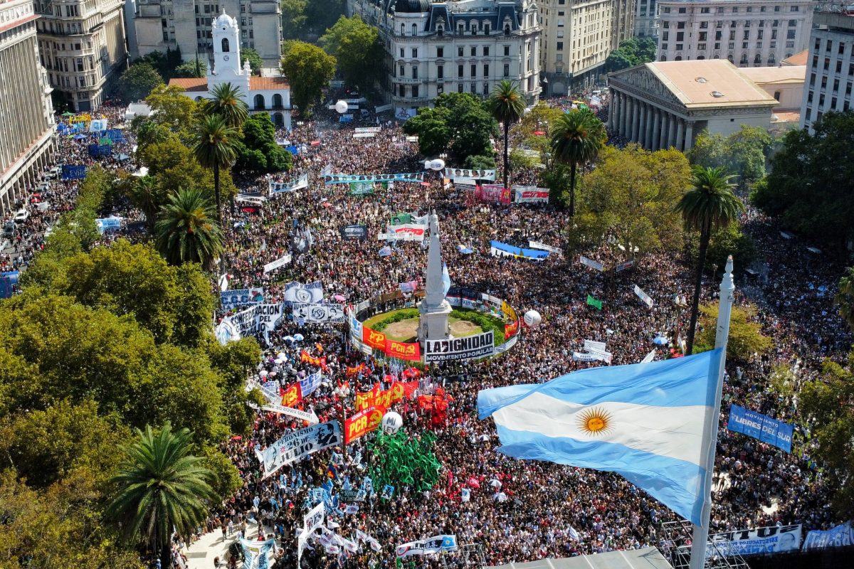 A drone view shows an Argentine flag as people demonstrate to mark the 48th anniversary of the 1976 military coup, at Plaza de Mayo square in Buenos Aires, Argentina March 24, 2024. REUTERS/Agustin Marcarian