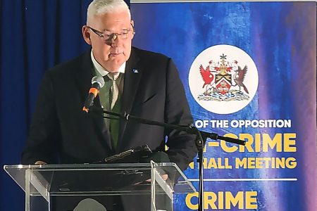 St Lucia Opposition leader Allan Chastanet speaks at the UNC's fourth Anti-crime Town Hall Meeting in Sangre Grande on Monday. (UNC Facebook)