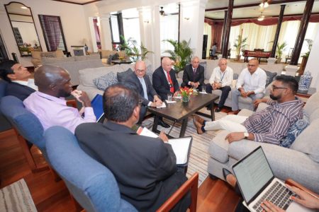 Minister of Health, Dr Frank Anthony; Director of Presidential Affairs, Marcia Nadir-Sharma; Director General of the Ministry of Agriculture, Madanlall Ramraj; and Deputy CEO of the Guyana Livestock Development Authority, Dwight Walrond were also part of the meeting. (Office of the President photo)