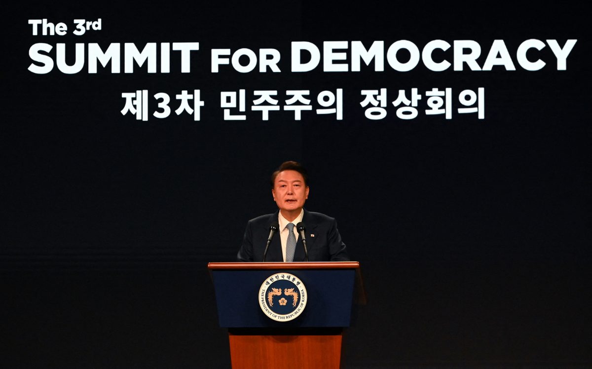South Korean President Yoon Suk Yeol speaks during an opening ceremony for the 3rd Summit for Democracy in Seoul, South Korea 18 March 2024.    KIM MIN-HEE/Pool via REUTERS