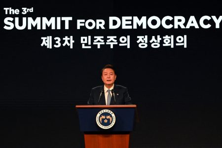 South Korean President Yoon Suk Yeol speaks during an opening ceremony for the 3rd Summit for Democracy in Seoul, South Korea 18 March 2024.    KIM MIN-HEE/Pool via REUTERS