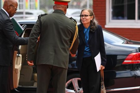 Maria De Castro Martins (right) arriving yesterday for her accreditation ceremony (Office of the President photo)