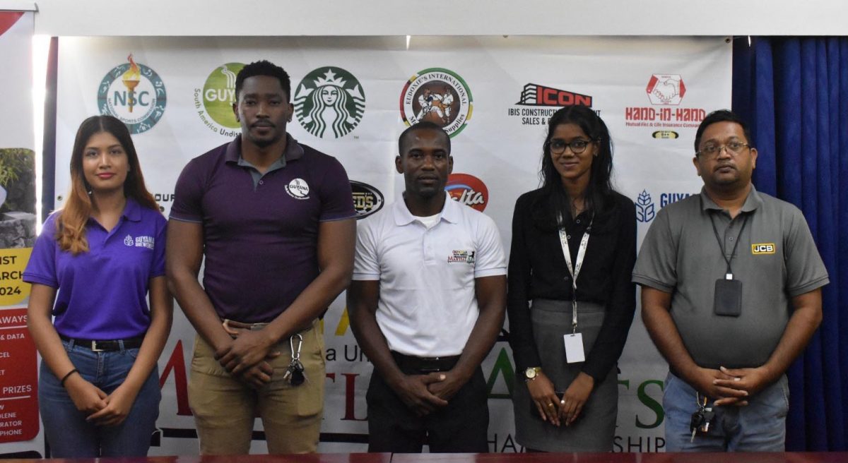 A number of stakeholders were present at the launch. In this photo (L-R) are: Trisha Heeralall- Guyana Breweries, Nikoli Primo – Guyana Tourism Authority, Sensei Roland Eudokie – Organizer (KIMAG), Asleema Khaleel -Gupta Group, Omkar Raghunauth – Icon Construction Equipment Sales and Rentals