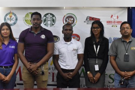 A number of stakeholders were present at the launch. In this photo (L-R) are: Trisha Heeralall- Guyana Breweries, Nikoli Primo – Guyana Tourism Authority, Sensei Roland Eudokie – Organizer (KIMAG), Asleema Khaleel -Gupta Group, Omkar Raghunauth - Icon Construction Equipment Sales and Rentals