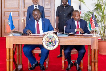 President William Ruto and Haiti Prime Minister Ariel Henry witnessing the signing ceremony of agreement on deployment of police to the Caribbean nation at State House on March 1, 2024
Image: PCS