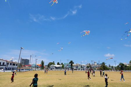 The Guyana Police Force (GPF) yesterday organised a day of kite flying and fun for children at its Police Sports Ground, Eve Leary. In this photograph several children are seen flying their colourful kites in the beautiful sunshine. (GPF photo)