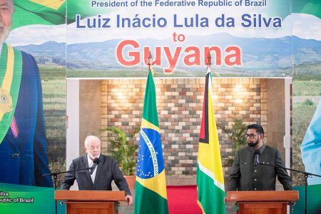 Brazil’s President Luiz Inácio Lula da Silva (left) and Guyana’s  President, Iraan Ali at the press conference yesterday.