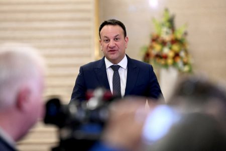 Ireland's Prime Minister (Taoiseach) Leo Varadkar holds a press conference in Stormont Parliament Buildings in Belfast, Northern Ireland, February 5, 2024. REUTERS/Carrie Davenport/File Photo