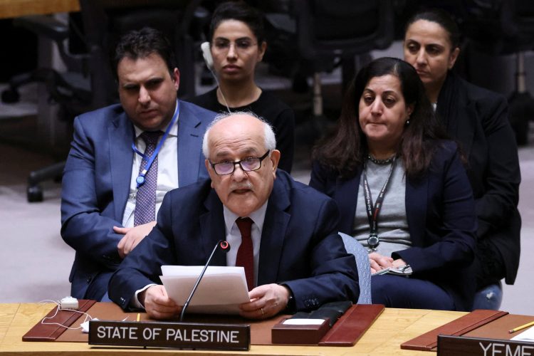 Palestinian Ambassador to the United Nations Riyad Mansour addresses the Security Council on the day of a vote on a Gaza resolution that demands an immediate ceasefire for the month of Ramadan leading to a permanent sustainable ceasefire, and the immediate and unconditional release of all hostages, at U.N. headquarters in New York City, U.S., March 25, 2024. REUTERS/Andrew Kelly