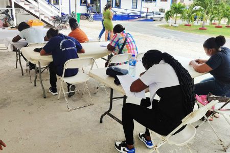 Some of the prospective candidates at the Guyana Police Force’s recruitment drive at Cove and John Police Station. 