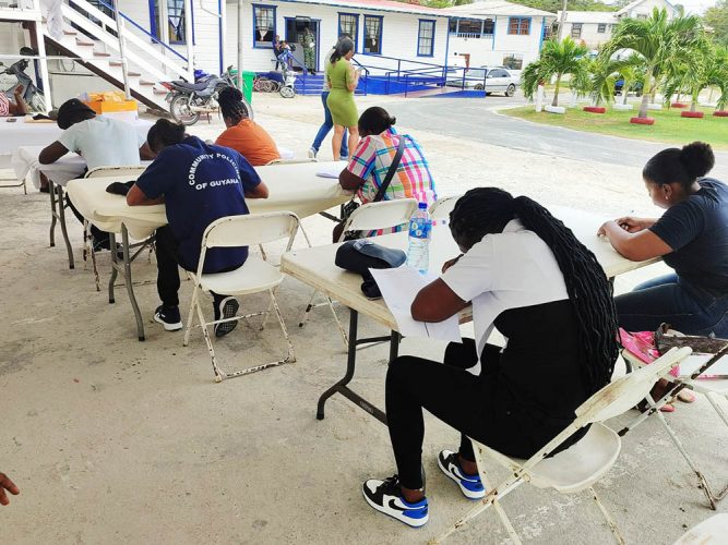 Some of the prospective candidates at the Guyana Police Force’s recruitment drive at Cove and John Police Station. 