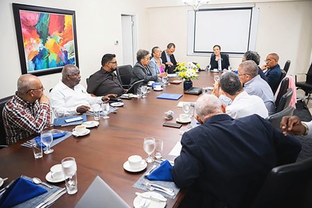 President Irfaan Ali, other CARICOM Heads of Government and senior CARICOM officials at the emergency meeting in Jamaica yesterday on the crisis in Haiti. (Office of the President photo)