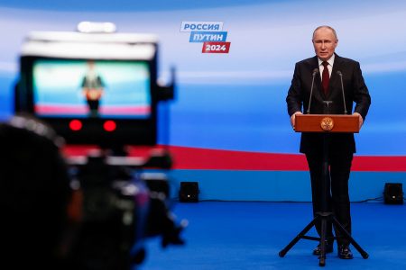 Russian presidential candidate and incumbent President Vladimir Putin speaks after polling stations closed, in Moscow, Russia, March 18, 2024. REUTERS/Maxim Shemetov