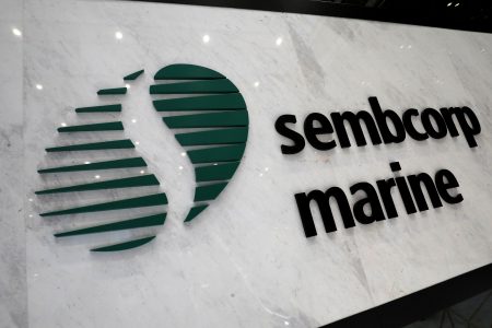 The Sembcorp Marine sign is pictured at the shipyard in Singapore, May 23, 2019. REUTERS/Edgar Su/Files
