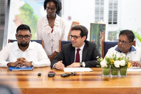 From left are: President Irfaan Ali, French Foreign Minister Stéphane Séjourné and Minister of Finance, Ashni Singh (Office of the President photo)