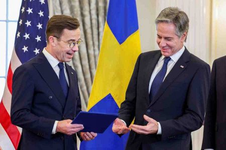 Reuters
U.S. Secretary of State Antony Blinken accepts Sweden’s instruments of accession from Swedish Prime Minister Ulf Kristersson for its entry into NATO at the State Department in Washington on Thursday.