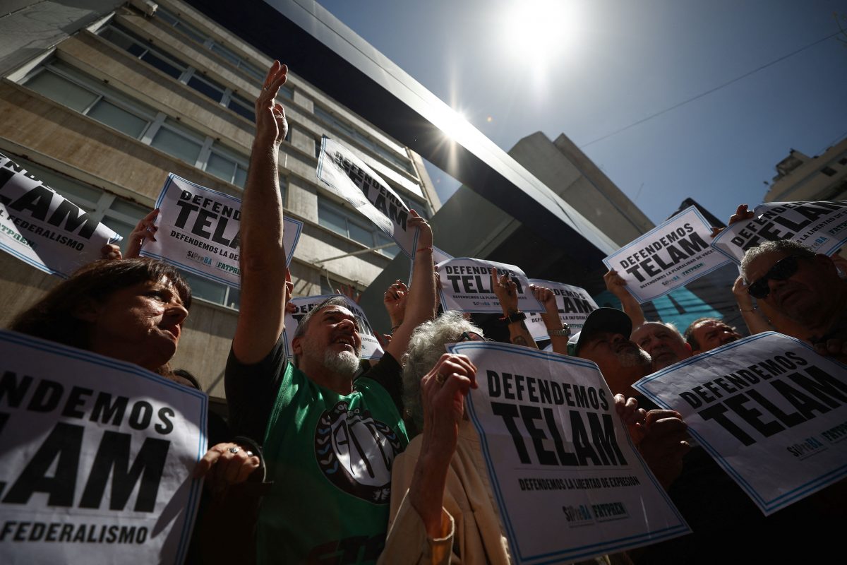 Workers of the Argentine state-owned news agency Telam protest outside the company’s building against the closure of the company, in Buenos Aires, Argentina, March 4, 2024. REUTERS/Agustin Marcarian