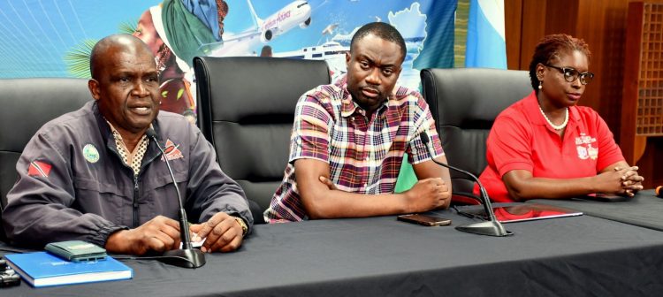 Director at Tobago Emergency Management Agency Allan Stewart , Chief Secretary Farley Augustine and Deputy Chief Secretary of the Tobago House of Assembly and Secretary for the Division of Health, Wellness and Social Protection Faith B. Yisrael address a news conference on the oil spill March at Shaw Park Complex.