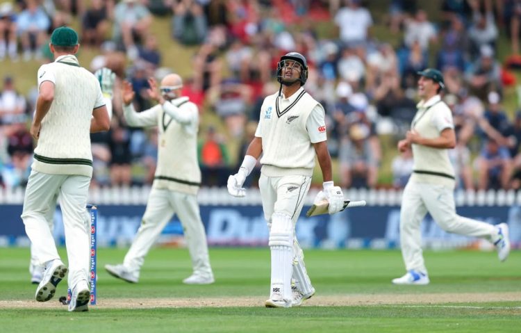 Rachin Ravindra departs the playing area disappointed as he was dismissed
by Nathan Lyon for 59 which ended any hope of a New Zealand victory