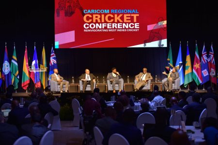 Prime Minister of Barbados Mia Mottley (1st from right) makes a point to the panel which included West Indies legend Sir Clive Lloyd (2nd from right) and CWI President Dr Kishore Shallow (1st from left)