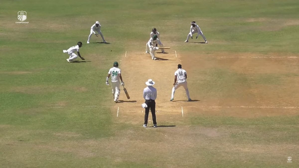 Kirk McKenzie is about to be caught by Raymon Perez off the bowling of Gudakesh Motie