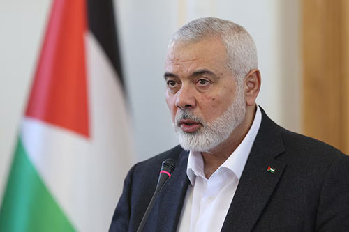 Palestinian group Hamas’ top leader, Ismail Haniyeh speaks during a press conference in Tehran, Iran, March 26, 2024