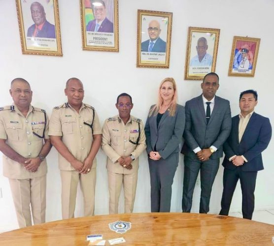 From left: Deputy Commissioner ‘Operations’, Ravindradat Budhram; Deputy Commissioner ‘Administration’ Calvin Brutus; Commissioner Clifton Hicken; US Ambassador to Guyana, Nicole Theriot; Crime Chief , Wendell Blanhum; and Regional Security Officer (RSO), Mayah Shih
