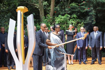Rwandan President Paul Kagame and First Lady Jeanette Kagame, prepare to light the Rwandan genocide flame of hope, known as the “Kwibuka” (Remembering), to commemorate the 1994 Genocide at the Kigali Genocide Memorial Center in Kigali, Rwanda April 7, 2024.
