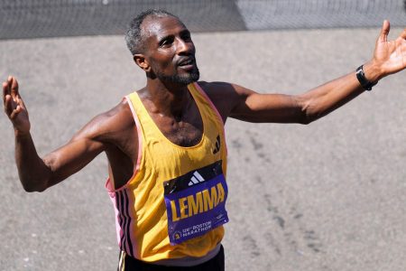 Sisay Lemma, of Ethiopia, reacts after winning the Boston Marathon, Monday, April 15, 2024, in Boston. AP Photo/Charles Krupa