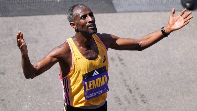 Sisay Lemma, of Ethiopia, reacts after winning the Boston Marathon, Monday, April 15, 2024, in Boston. AP Photo/Charles Krupa