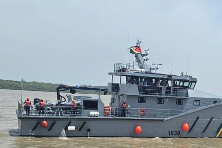 President Irfaan Ali yesterday announced on his Facebook page that the 115 Defiant monohull patrol vessel, designed and built by American company Metal Shark, had arrived in Guyana to join the Guyana Defence Force’s fleet. Metal Shark last year had said that the vessel was designed by its in-house engineering team and built at the company’s Franklin, Louisiana production facility. It was acquired via direct purchase and will join eight other Metal Shark vessels currently in service with the GDF. (President Irfaan Ali’s Facebook page photo)