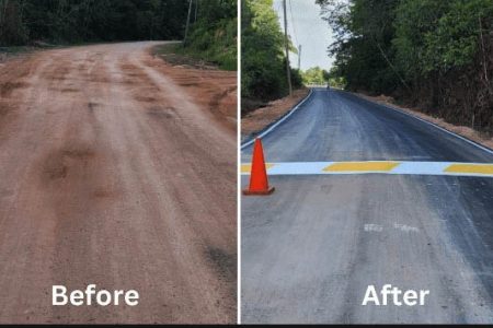 Before and After pictures of road upgrades in Kwakwani, Region Ten