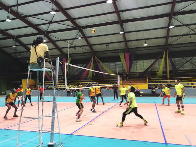 Action in the DVA Men’s Senior League between Venguy and GDF(yellow)