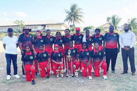 The victorious Berbice U-19 team poses with their trophies and respective accolades in the presence of Cricket Operations Manager (AG) Anthony D’Andrade (far right)
