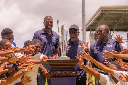 The T20 World Cup Trophy Tour stopped in Antigua on Thursday and was greeted by West Indies Legends, Sir Vivian Richards, Sir Andy Roberts, Sir Curtly Ambrose and Sir Richie Richardson. (Windies Cricket photo)