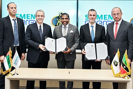 St Kitts and Nevis Prime Minister Dr. Terrance Drew (centre) participated in a signing ceremony of a  historic Memorandum of Understanding (MoU) between UAE-based K&K Group and Siemens Energy, a global leader in the energy business to initiate a geothermal energy project in the Federation.