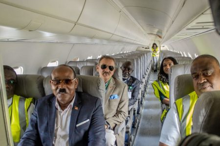 PM Gaston Browne and team onboard one of LIAT2020‘s first jets. Photo: ABS – Antigua and Barbuda Broadcasting Services