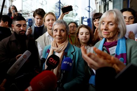 Members of Senior Women for Climate Protection react after the court verdict in Strasbourg, April 9, 2024. REUTERS/Christian Hartmann 
