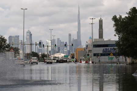 A general view of flood water caused by heavy rains, with the Burj Khalifa tower visible in the background, in Dubai, United Arab Emirates, April 17, 2024. REUTERS/Amr Alfiky