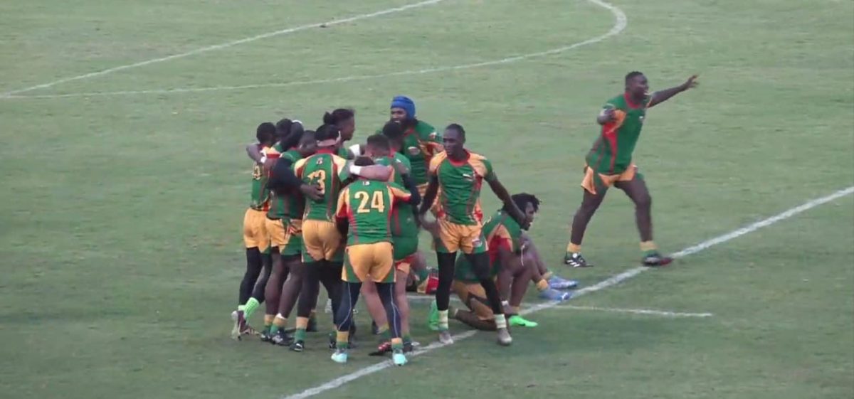 The victorious Green Machine players celebrate following their win over Trinidad and Tobago.