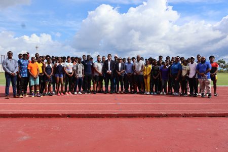 Athletes from various local institutions pose with members of the Speed Commission, Minister of Culture, Youth, and Sport Charles Ramson Jr. (centre), and Director of Sport Steve Ninvalle at the official launch of the training programme.
