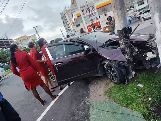 This car ran into a  GPL pole on Tuesday after a collision with a bus near the junction of Camp and New Market streets. The car was badly  damaged. No serious injury was reported.

