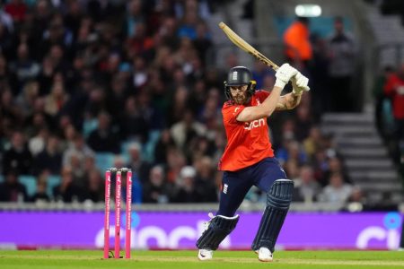 Phil Salt scores through the off-side as he led England’s reply with a top score of 45 runs from 24 deliveries
