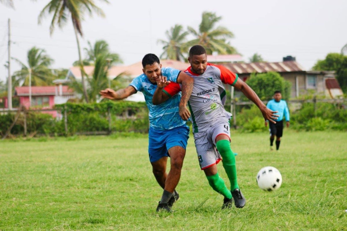 A scene from the Gold Star (blue) and Richmond clash in the Essequibo League
