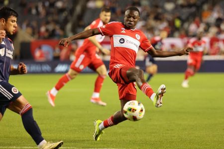Omari Glasgow challenges for the ball during his debut on Saturday night for Chicago Fire FC in the MLS regular season. Glasgow came on as a substitute, replacing Brian Gutiérrez in the 79th minute. (Chicago Fire photo)