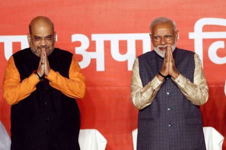FILE PHOTO: BJP President Amit Shah and Indian Prime Minister Narendra Modi gesture after the election results in New Delhi, India, May 23, 2019. REUTERS/Adnan Abidi/File Photo