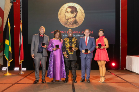 From left, Dr Morris Scantlebury (Science & Technology - Joint), Kerryann Ifill (Public & Civic Contributions), Stefan Walcott (Arts & Letters), Yoni Epstein (Entrepreneurship), Diva Amon (Science & Technology - Joint)